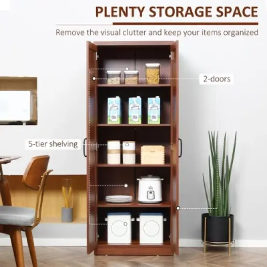 Yukimo 63" 2-Door Kitchen Pantry Storage Cabinet, 5-Tier Shelving with 2 Adjustable Shelves, Brown image {3}