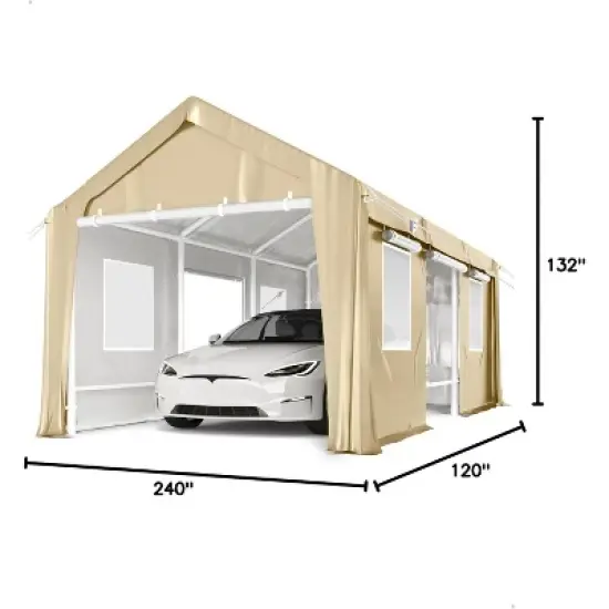 10'x20' Heavy Duty Wind-Resistant Carport, Reinforced Portable Garage Shelter with 180g PE Canopy and Dual Doors, All-Weather Protection for Trucks image {7}
