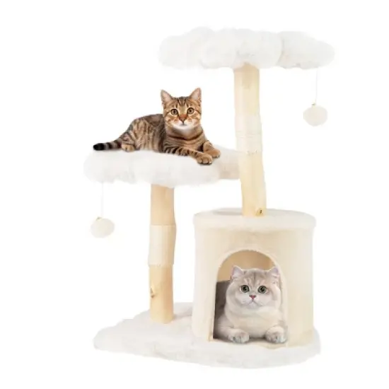 Tangkula Cute Solid Wood Cat Tree Natural Branch Modern Flower Cat Tower w/Soft Long image {9}