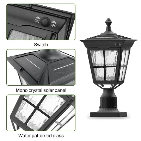 18 in. Black Outdoor Frozen Ice Glass Solar Post Light with Pier Mount Base image {6}