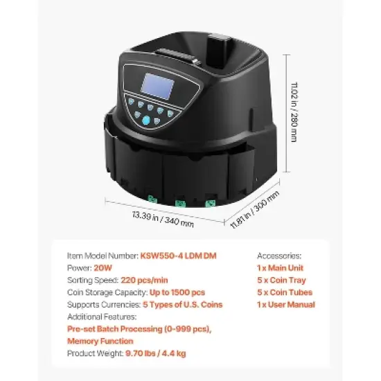 VEVOR USD Coin Sorter, Coin Counter Machine for 5 Kinds of USD Coins, Coin Sorter and Wrapper Machine Holds up to 2000 Coins, Black image {7}
