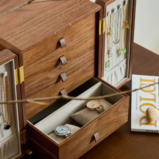 Luxury Wooden Jewelry Armoire Box with Dual Doors, Textured Handle, Ideal Organizer Gift for Women image {4}