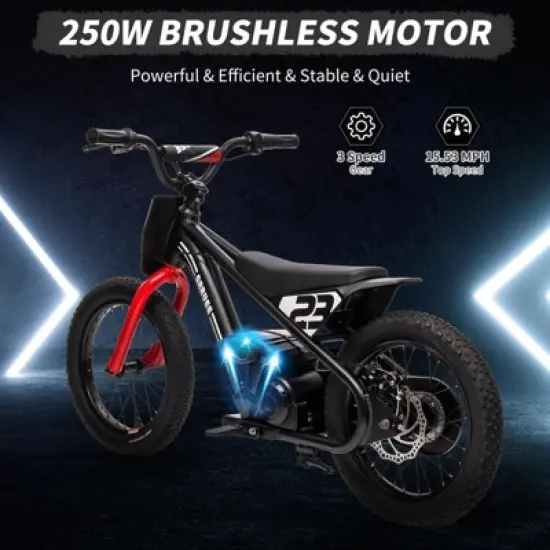Electric Dirt Bike for Kids, 250W Electric Motorcycle, Electric Balance Bike for Ages 6-12, 3 Speed Settings, 16IN Off-Road Tires image {3}