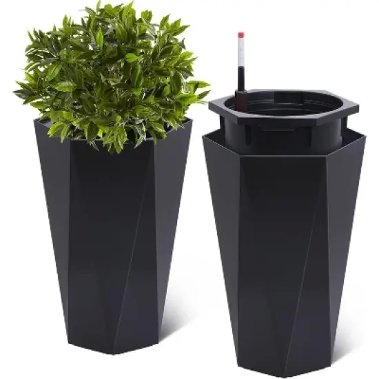 Acekool Set of 2 Self-Watering 16" Tall Planters with Wheels, Water Level Monitor, Large Indoor Outdoor Flower Pots, Drainage, Black image {1}