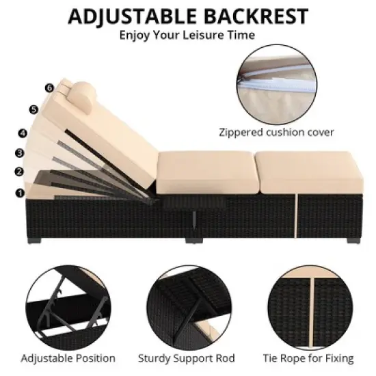 Outdoor PE Wicker Chaise Lounge Chairs Set of 2 Patio Brown Rattan Reclining Chair Adjustable Backrest Pool Sunbathing Recliners with Cushion Cover image {2}