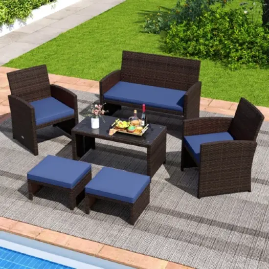 Costway 2 PCS Patio PE Rattan Ottomans with Soft Zippered Cushions for Deck Outdoor White/Navy/Red/Turquoise image {4}