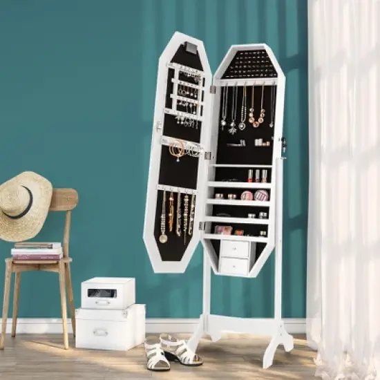 Costway Standing Jewelry Cabinet Armoire Organizer LED Light Mirror Lockable White image {1}