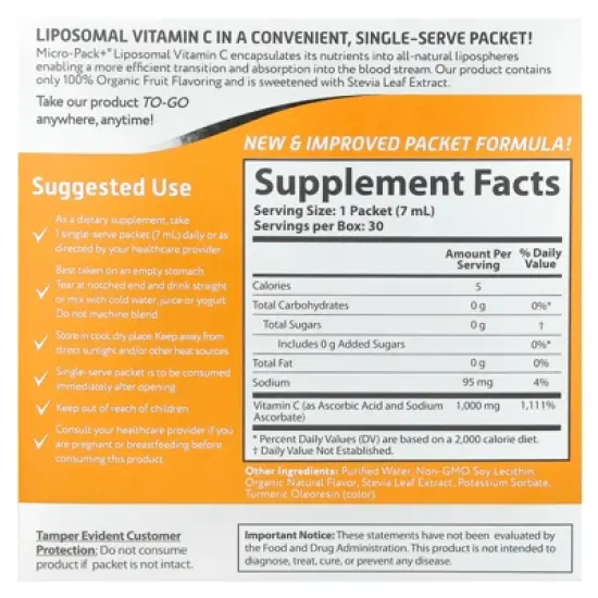 Aurora Nutrascience Micro-Pack+ Liposomal Vitamin C, 1,000 mg, 30 Single-Serve Liquid Packets, 0.24 fl oz (7 ml) Each image {1}