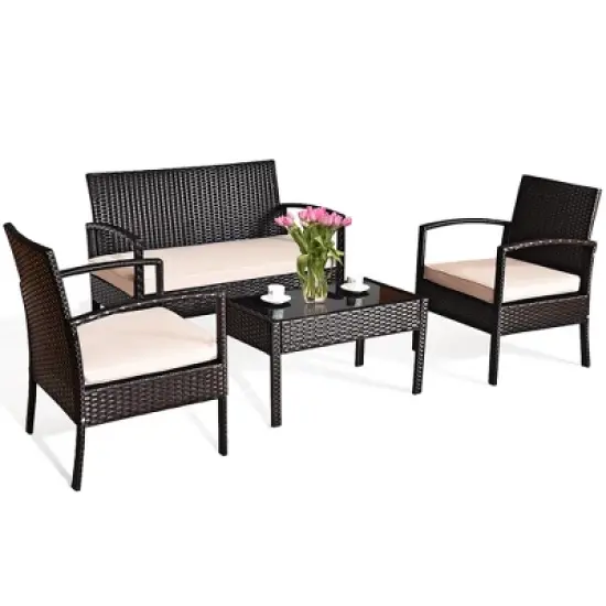 Costway Patio Rattan 4PCS Conversation Furniture Set Cushioned Seat Glass Table image {1}