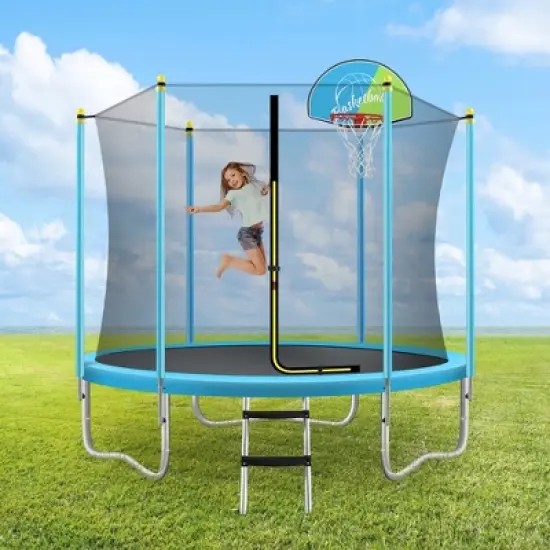 8 FT Trampoline for Kids with Safety Enclosure Net, Basketball Hoop and Ladder, Blue - ModernLuxe image {14}