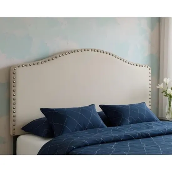 HomeRoots Beige Linen Blend Upholstered Arched Full Headboard With Nail Head Trim image {1}