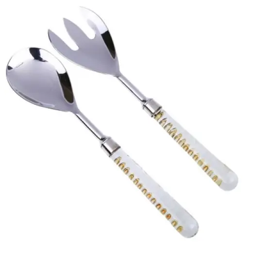 Classic Touch Set of 2 Stainless Steel Salad Servers With Glass Handle And Gold Inserted Design image {3}