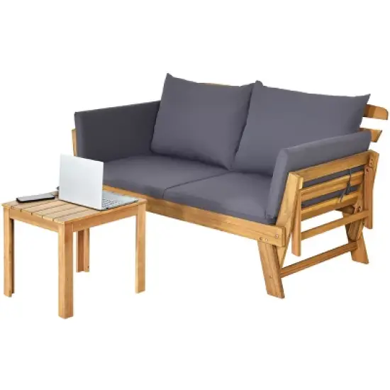 Tangkula Outdoor Folding Daybed Patio Acacia Wood Convertible Couch Sofa Bed TurquoiseRed WhiteDark Grey image {6}