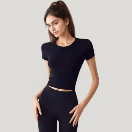 Anna-Kaci Active Women's Short Sleeve Open Back Crop Top with Twist Detail and Fitted Silhouette image {1}