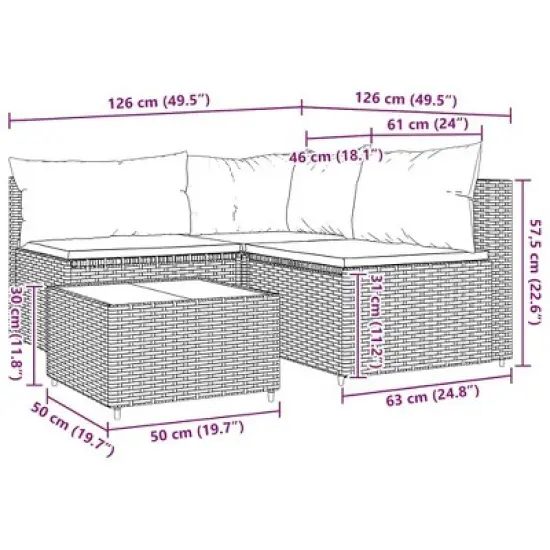 vidaXL Patio Lounge Set Gray PE Rattan Medium Adjustable Feet image {10}
