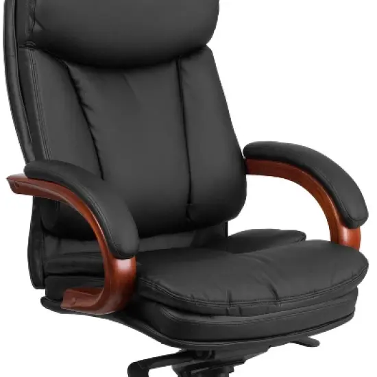 Emma and Oliver High Back Black LeatherSoft Synchro-Tilt Ergonomic Office Chair with Wood Base image {4}