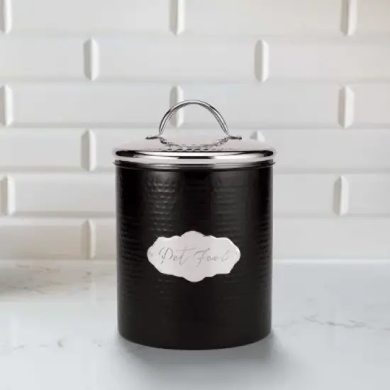 Amici Pet Cavalier Pet Food Canister, Black & Silver Hammered Metal Storage Jar with Handle Lid - Large 104 Oz. Airtight Container, 10" H x 6.5" W image {3}