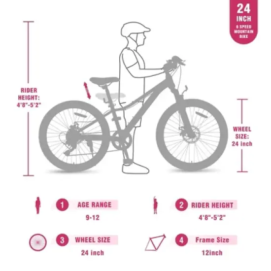 NAYSAYE Mountain Bike for Girls and Boys 24 Inch Steel Frame with 6-Speed Gear System for Outdoor Adventures, Pink, 61.42"*23.63"*36.62" image {4}