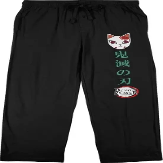 Demon Slayer Tanjiro Fox Mask And Kanji Men's Black Sleep Pajama Pants image {6}