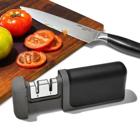 OXO Knife Sharpener: Manual Stainless Steel & Ceramic, Tungsten Carbide, Black, Lifetime Warranty, 5.39" Length image {8}