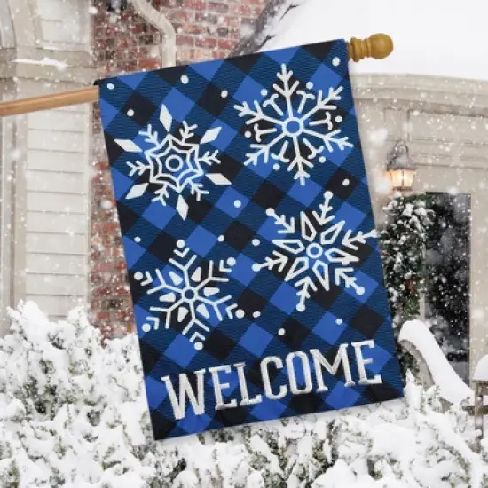 Checkered Snowflakes Burlap Winter House Flag Welcome 28" x 40" Briarwood Lane image {2}