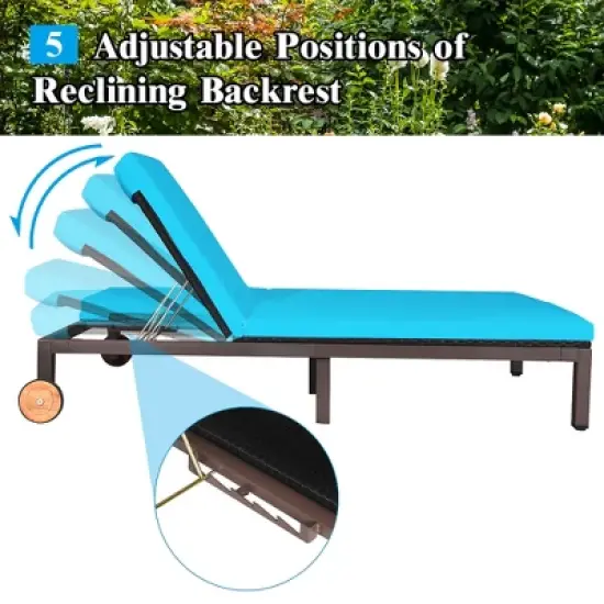 Costway 2-Person Patio Rattan Lounge Chair Chaise Recliner Adjustable Cushion Turquoise image {6}