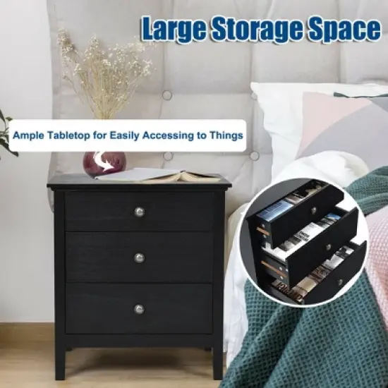 Costway Nightstand Beside End Side Table Accent Table Organizer W/3 Drawers Black image {8}