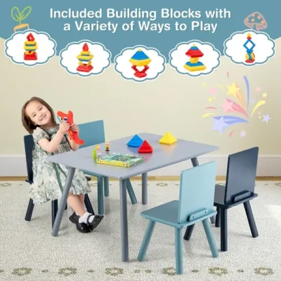 Costway 5 Piece Kids Wooden Activity Table and 4 Chairs Play Set Gift w/ Building Blocks image {3}