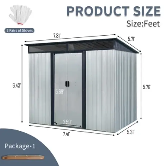 93.75"8ft x 6ft Outdoor Metal Storage with Lockable Sliding Doors and Transparent plate for Garden, Lawn (White and Black) image {3}