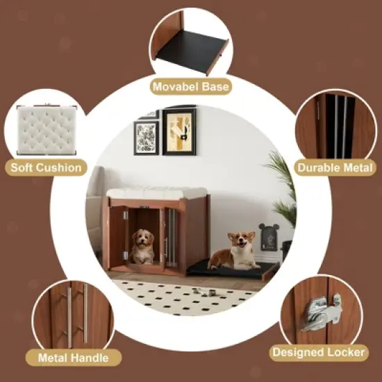 2 in 1 Dog Crate Wooden Dog Kennel Pet Crate House with Padded Seat, Ottoman with Removable Cushion, Walnut - ModernLuxe image {4}