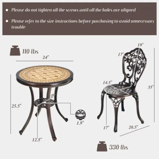 Tangkula 3-Piece Cast Aluminum Bistro Set Outdoor Patio Bistro Table Set Outdoor Round Bistro Table and Chairs for Porch image {8}