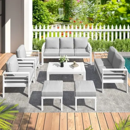 COWLOWN 7 Piece Light Gray Modern Aluminum Outdoor Patio Furniture Set, Coffee Table and Light Gray Cushions, Ideal for Balcony, Porch, Yard and Lawn image {3}