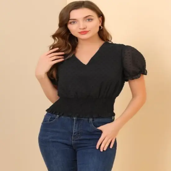 Allegra K Women's V Neck Short Puff Sleeve Swiss Dots Smocked Waist Summer Blouse image {3}