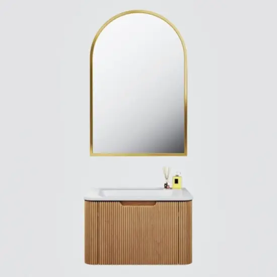 PexFix 24" Wall-Mounted Floating Bathroom Vanity with Cabinet Mirror Modern Curved Edge Storage Bathroom Cabinet in Walnut with Ceramic Basin image {4}