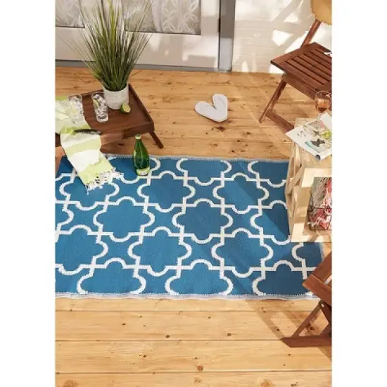 DII Design Imports Indoor Outdoor 3 x 6 Foot Reversible Lattice Woven Rectangular Runner Rug for Decks, Patios, Living Rooms, and Kitchens, Blue image {2}