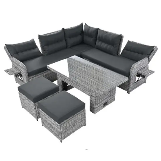 Outdoor 5 Pcs Furniture Set, Seating Set with Extendable Side Tables, Rattan Sofa Set with Metal Frame and PE Cushions-Coolbibila image {4}