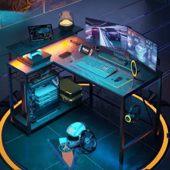 Bestier 42" Reversible L-Shaped Gaming Desk with Power Outlets LED Lights and Monitor Stand &Storage Shelves & Hooks for Bedrooms & Home Offices image {15}