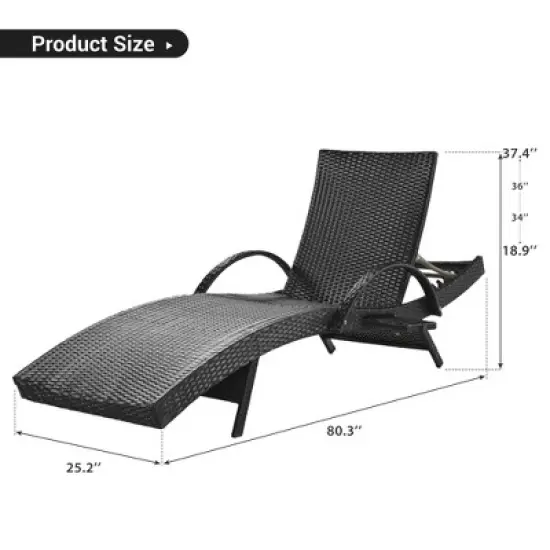 LOVSON 80'' Outdoor Wicker Chaise Lounge (Set of 2), Pull-Out Side Table, Adjustable Backrest, Pool Sun Lounger, Black image {8}