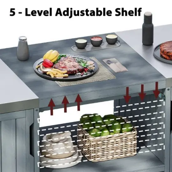 Outdoor Kitchen Island, Solid Wood Outdoor Grill Cart, Grill with Wood Frame and Stainless Steel Top, Grill with Wheels-Coolbibila image {5}