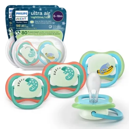 Philips Avent Ultra Air Pacifiers 6-18m - Chameleon/Sleeping Monkey Night - 4pk image {7}