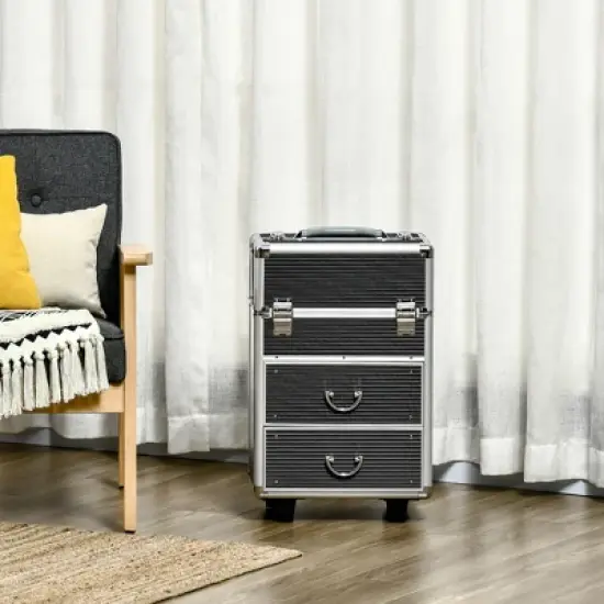 HOMCOM Rolling Makeup Train Case, Large Storage Cosmetic Trolley, Lockable Traveling Cart Trunk with Folding Trays, Swivel Wheels and Keys image {1}