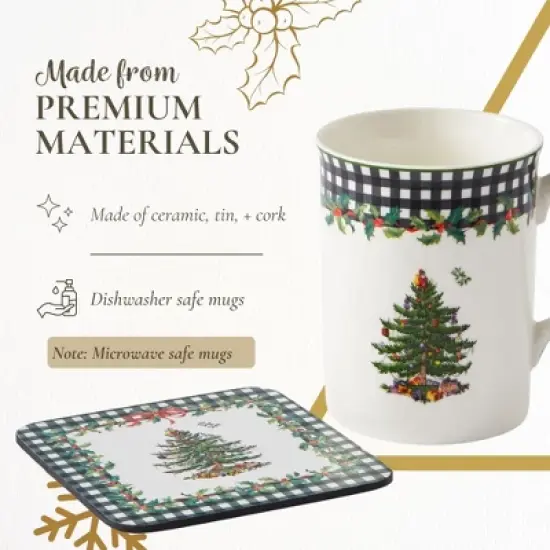 Spode Christmas Tree 5-Piece Mug & Tin Set - Fine China Mugs & Cork Coasters, Holiday Beverage Essentials, Festive Gift for Collectors image {3}