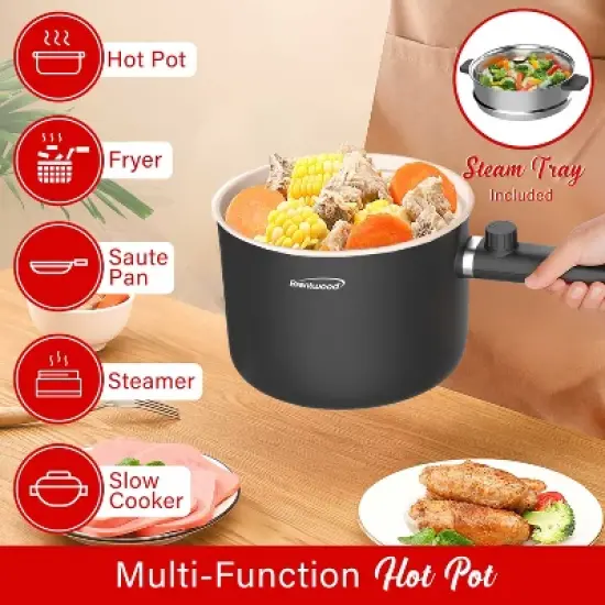 Brentwood 600-Watt 1.6-Qt. Multifunction Electric Hot Pot Cooker with Ceramic Non-Stick Ceramic Coating and Stainless-Steel Food Steamer, Black image {1}