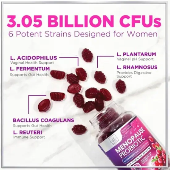 Menopause Supplements for Women Gummies with Black Cohosh, Cranberry 3 Billion CFU Probiotics - 60 Gummies By Hello Lovely! image {3}
