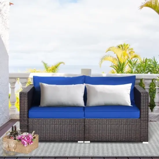 Costway 4PCS Patio Rattan Corner Sofa Sectional Furniture SetBlue\Beige\Navy Cushion image {1}