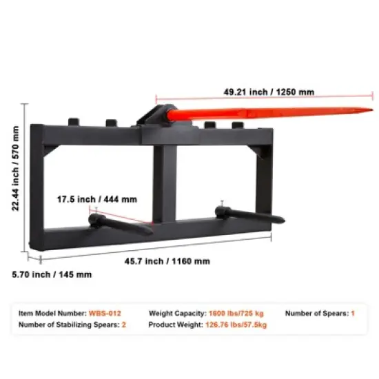 VEVOR 49" Hay Spear, Bale Spears 1600lbs Loading Capacity, Skid Steer Loader Tractor Attachment with 2pcs 17.5" Stabilizer Spears, Black image {7}