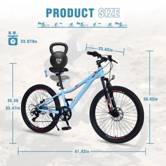 INFURNIC Bicycles Mountain Bike for Girls and Boys 24 Inch Shimano 6 Speed Suspension Fork Disc Brakes, Blue, 61.42"*23.63"*36.62" image {1}