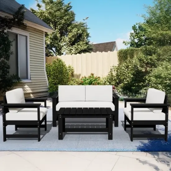 Hyleory HDPE 4-Piece Outdoor Sofa Set with Cushions, Conversation Set Including One Loveseat, Two Accent Chairs and a Coffee Table image {11}