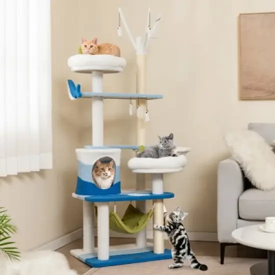 Petsite Ocean-themed Cat Tree with Sisal Covered Scratching Posts Condo Perch Indoor Tower image {1}
