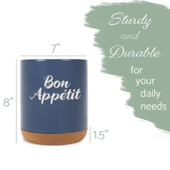 Elanze Designs Bon Appetit Chef Culinary Arts Ceramic Cork Bottom Navy Blue Large Capacity Utensil Holder Crock for Countertop Storage, Stylish & image {1}